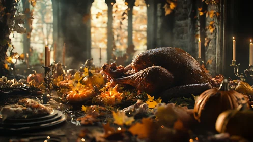 Harvest-feast turkey glowing under amber autumn candlelight.