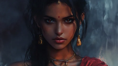 Digital portrait of intense woman with gold jewelry focus.