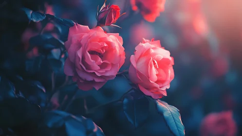 Luminescent Pink Roses With Chromatic Aberration And Bokeh Depth