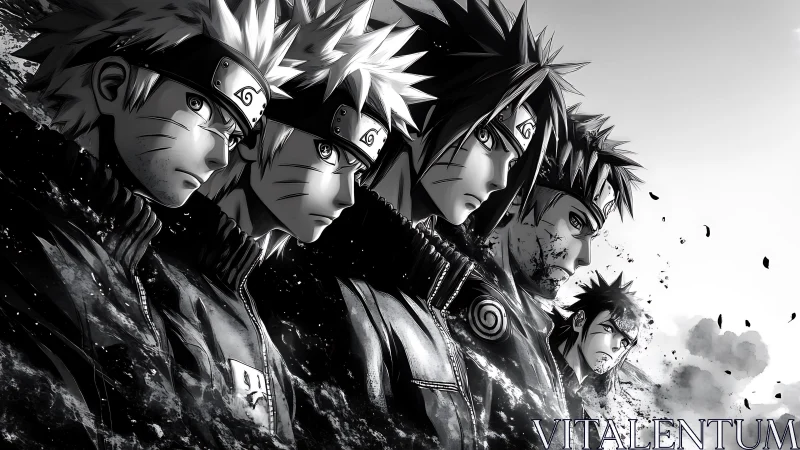 Sequential ninja portraits dissolve into monochrome particulate forms