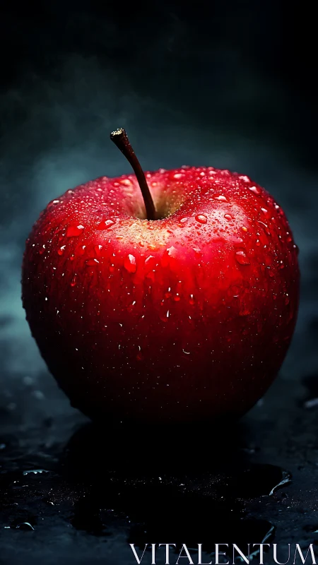 Single red apple with water droplets on dark background.