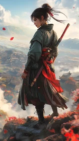 Samurai figure overlooking valley settlement from cliff edge.