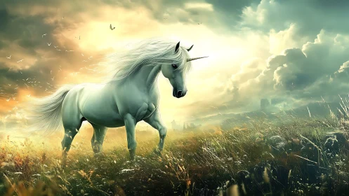 Radiant unicorn striding through luminous stormlit meadow.