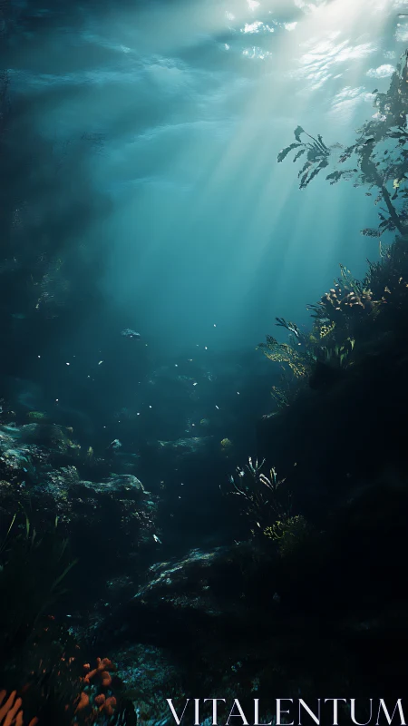 Sunlit underwater ravine renders volumetric rays in depth