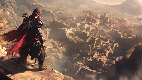 Lone wanderer overlooking a sunlit ancient desert city.