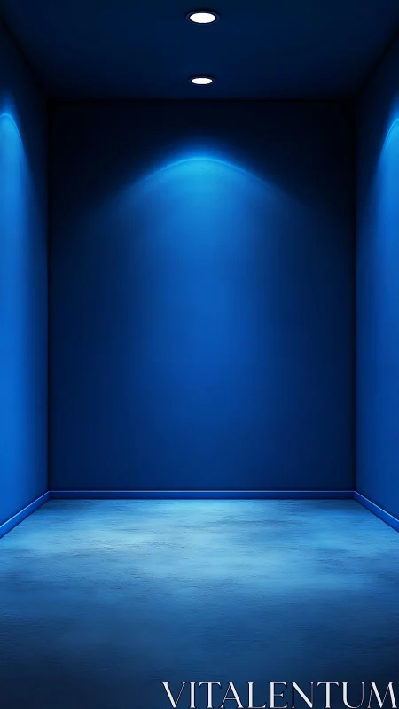 Empty blue interior with ceiling downlights and smooth floor.