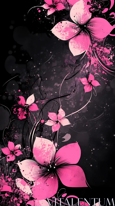 Magenta Floral Cascade Against Black: Digital Abstract Composition.