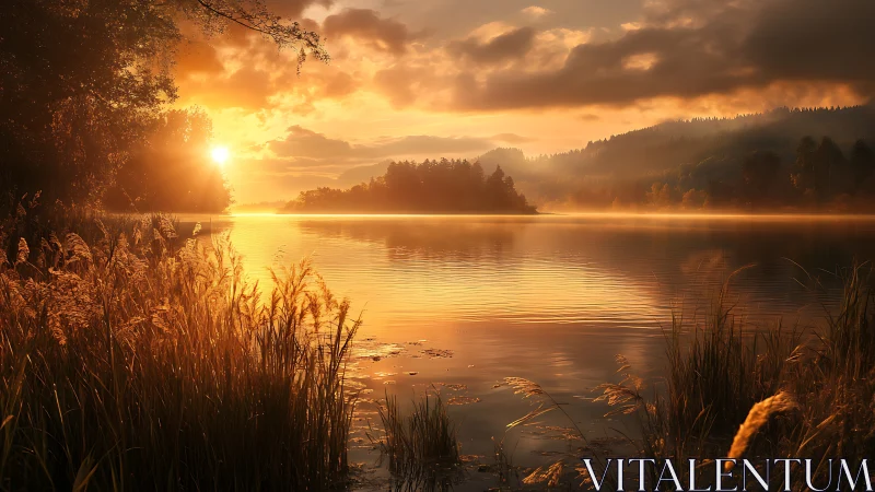 Golden lake sunrise wrapping the quiet shore in warmth.