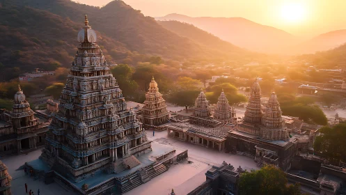 Ancient stone temple complex under warm sunset light in hills.