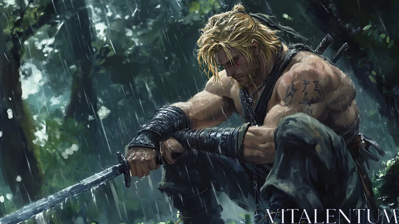 Warrior resting with sword in rainy forest scene.