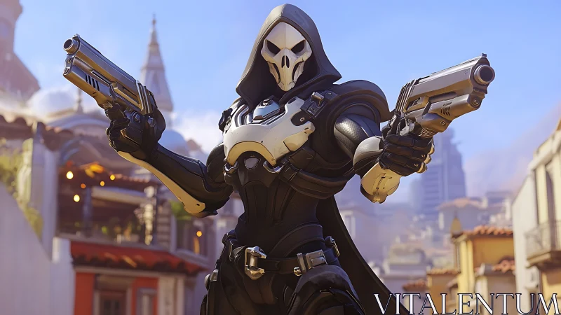 Armored skull-masked gunfighter aims pistols in sunny city