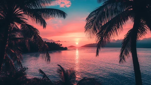 Coastal palm silhouettes against stylized sunset horizon.