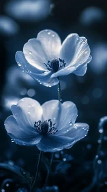 White anemone flowers with water droplets, cool toned botanical study
