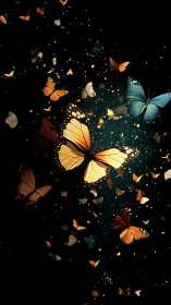 Butterflies in dark space with scattered glowing particles.