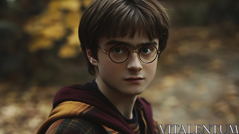 Quiet autumn gaze of a young boy in round glasses.