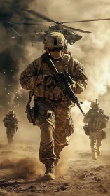 Soldiers advance under combat helicopter through desert smoke