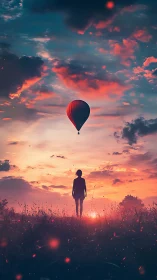 Silhouette gazes at drifting hot air balloon at dreamlike dusk.