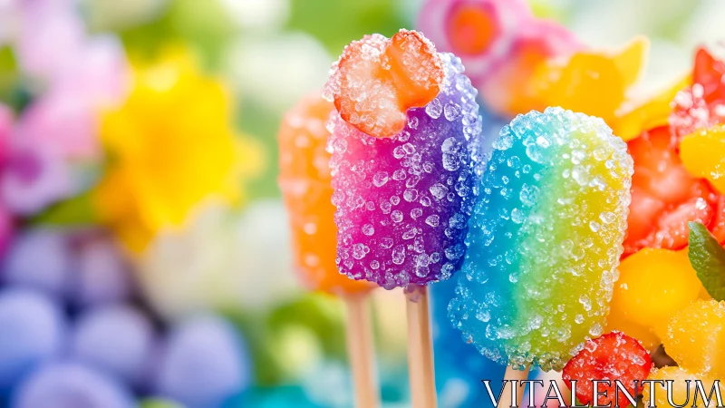 Rainbow Gem Lollipops Frost. Crystalline confections sparkle against blooming backdrop.