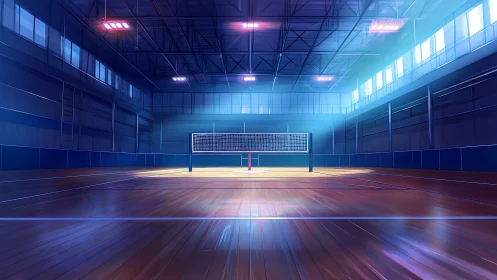 Anime indoor volleyball court with luminous linear perspective.