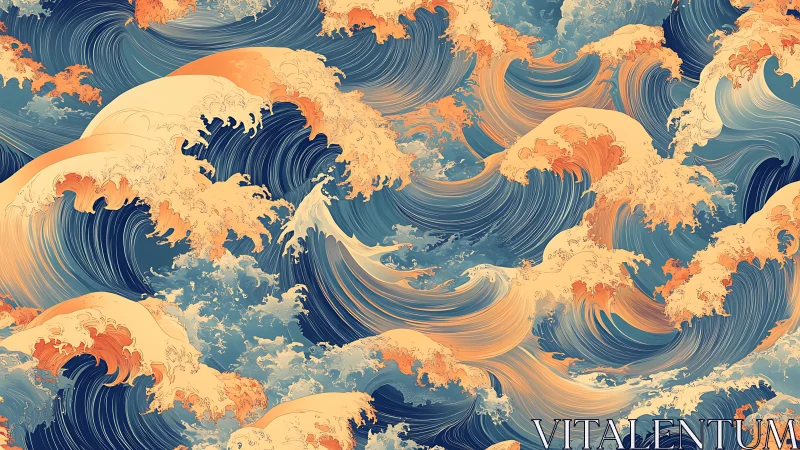Digital seascape depicts stylized overlapping cresting waves