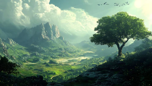 Solitary hilltree guarding a sunlit emerald valley dreamscape.