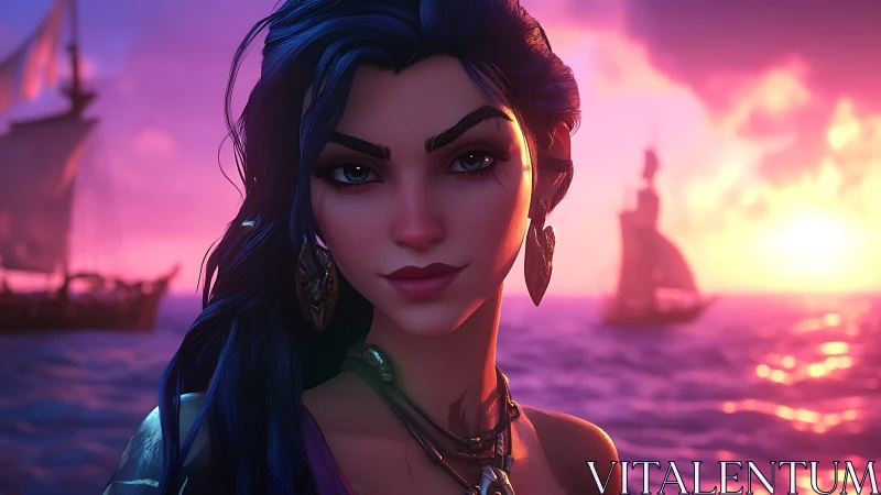 Pirate woman portrait at magenta ocean sunset with galleons