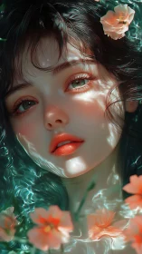 Waterlit portrait with coral flowers and reflective glow.