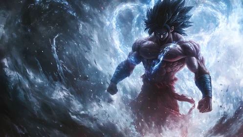 Saiyan warrior channels cosmic energy in storm vortex.