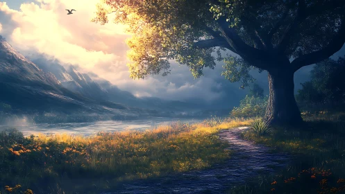 Radiant riverbank path under volumetric dawn illumination.