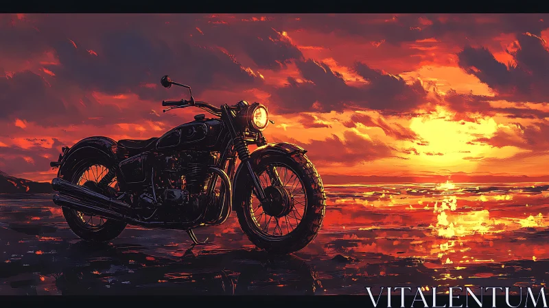 Motorcycle is positioned on reflective shoreline at sunset
