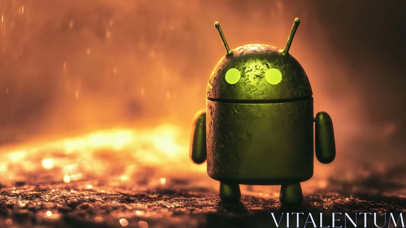 Luminous android mascot in molten backlit cyber-environment.