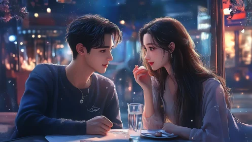 Urban Romance: Neon-Lit Encounter Between Two Figures at Evening.