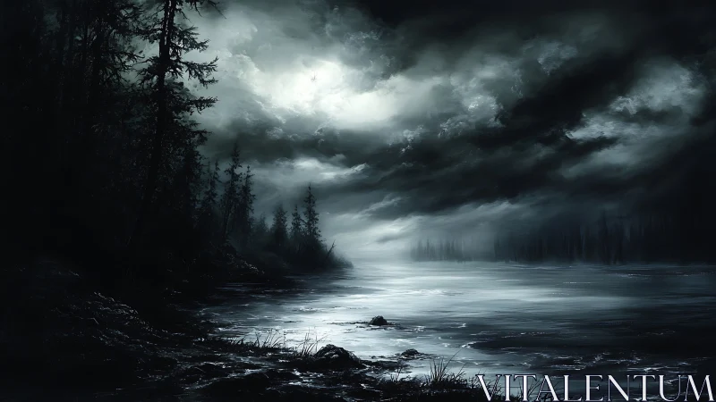 Dark forest lake under stormy moonlit night sky.