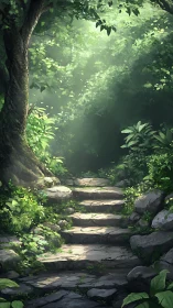 Forest Path Through Ancient Woods Bathed in Luminous Green Light