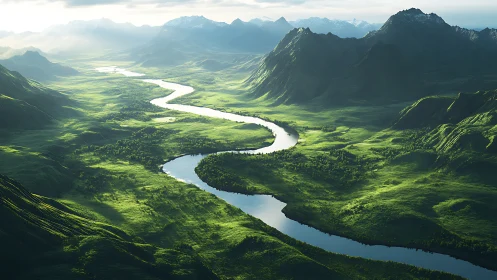 Serpentine river curling through emerald highland valley. Period.
