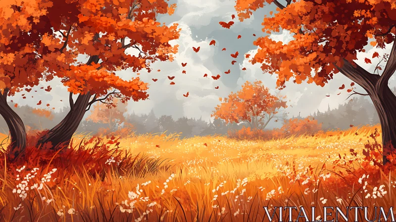 Autumn meadow landscape rendered in warm cinematic digital painting