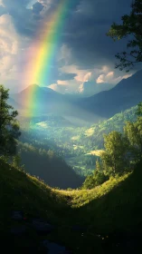 High dynamic range valley landscape with spectrum-intense rainbow