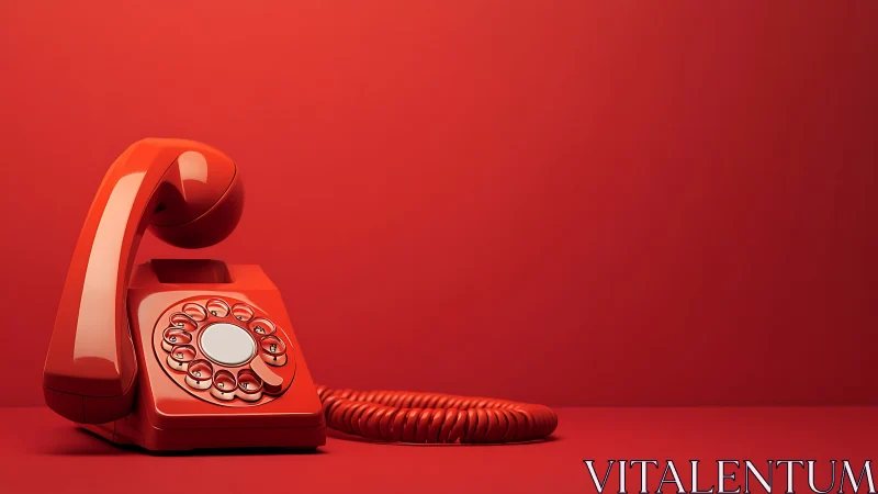 Bold red rotary telephone stands in minimalist studio space