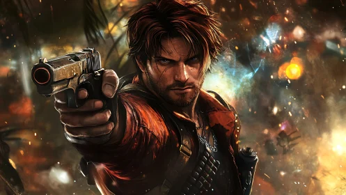 Battle-scarred hero aims forward through swirling sparks.