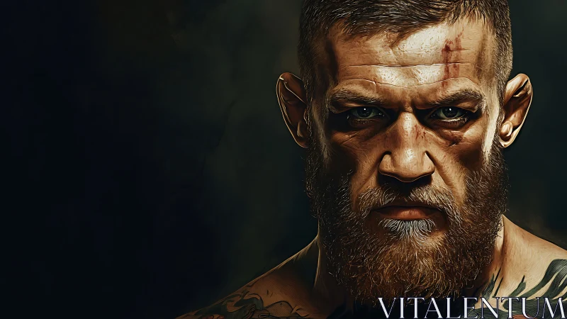 Gritty close-up portrait of intense bearded fighter.