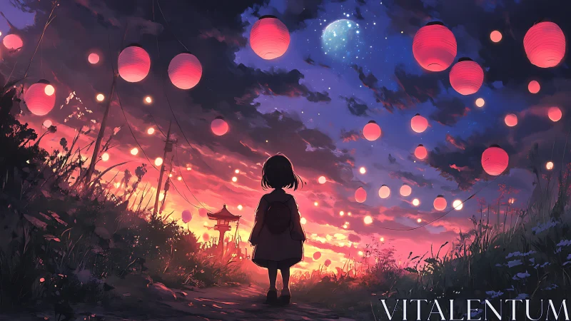 Lantern lit path under twilight festival sky with child silhouette