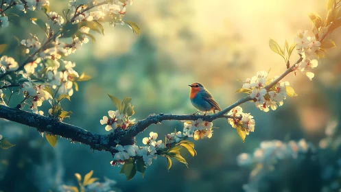 Robin on a blossoming branch in soft morning light, dreamy style.