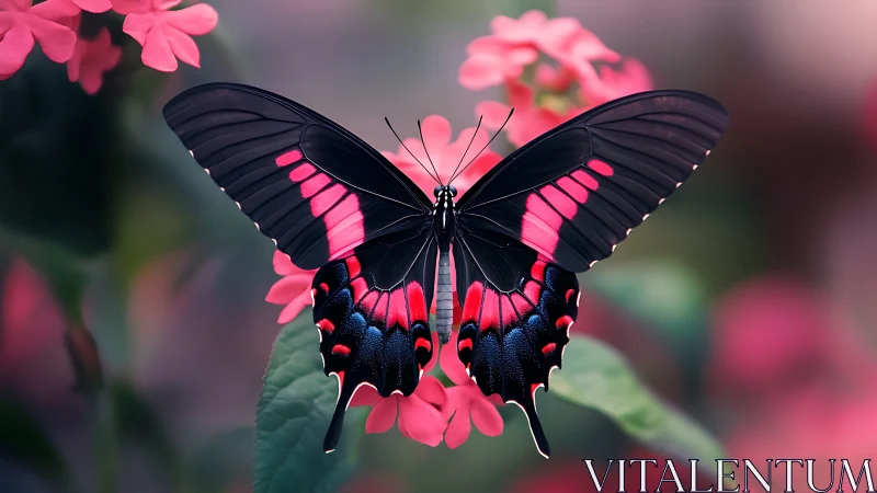 Black butterfly with vivid pink wings on soft blossoms.