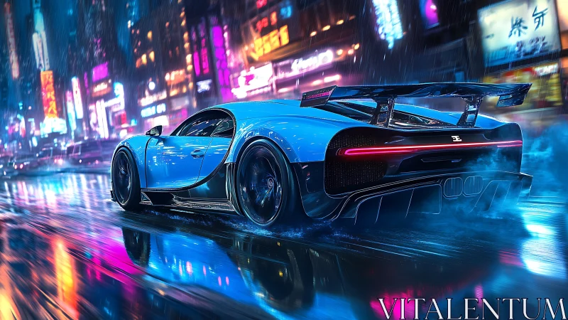 Blue hypercar races through neon soaked cyberpunk city street