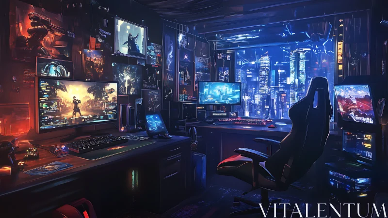 Dual-desk gaming workstation with neon city backdrop.