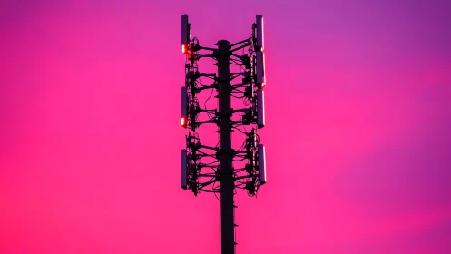 Cell tower glowing against neon magenta twilight sky.