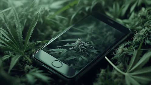 Smartphone reflects dense cannabis bud in moody green light.