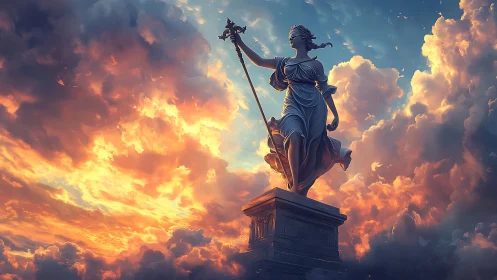 Goddess statue strides above fiery sunset clouds in glory.
