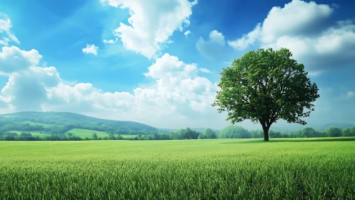 Solitary tree rises above vivid green field under blue sky