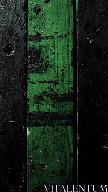 Vertical green plank divides rough black painted surface